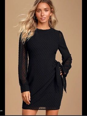 Lulu’s Much Love Black Swiss Dot Long Sleeve Tie Front Mini Dress Size Small